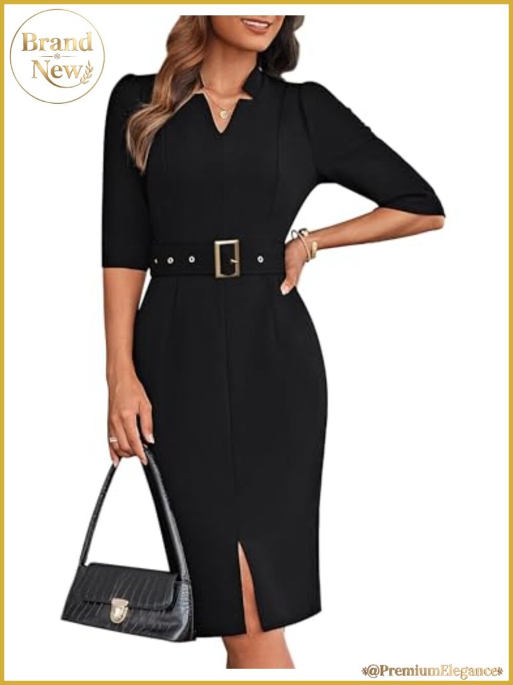 Work Dress 3/4 Sleeve V Neck Bodycon Sheath with Belt